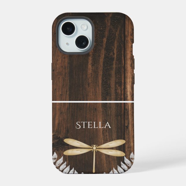 Rustic Gold Dragonfly Personalized iPhone 15 Case (Back)