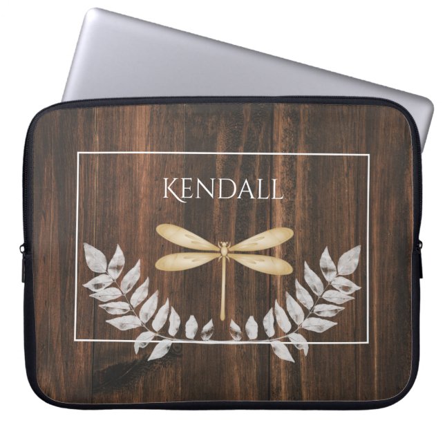 Rustic Gold Dragonfly Personalized Laptop Sleeve (Front)
