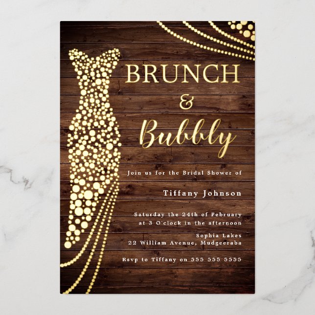 Rustic Gold Dress Bridal Shower Brunch & Bubbly (Front)