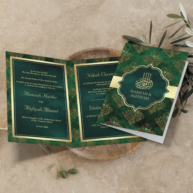 Rustic Gold Emerald Green Damask Muslim Wedding Invitation (Creator Uploaded)