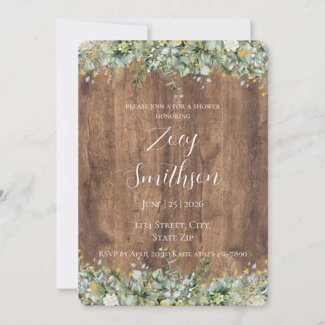 Rustic Gold Eucalyptus & White Floral Wood Bridal Invitation (Front)