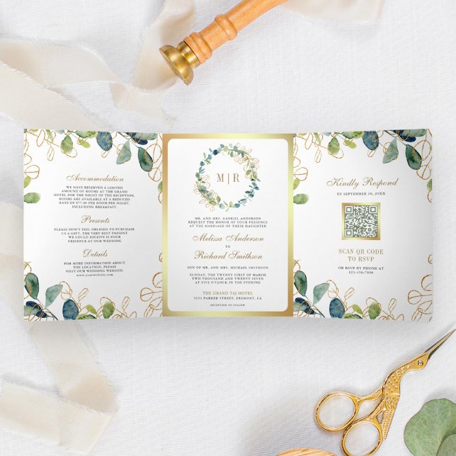 Rustic Gold Eucalyptus Wreath QR Code Wedding Tri-Fold Invitation (Creator Uploaded)