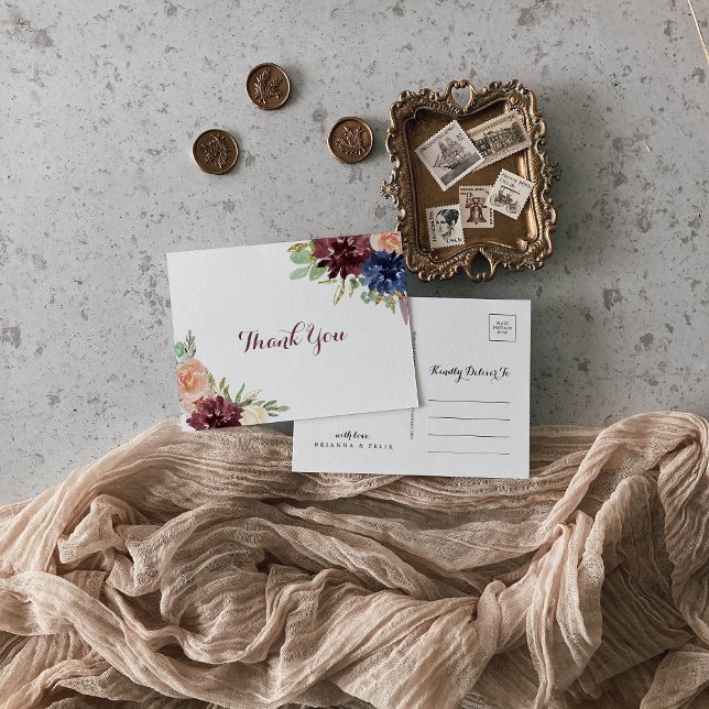 Rustic Gold Floral Modern Calligraphy Thank You Postcard (Creator Uploaded)