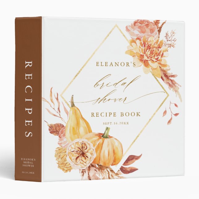 Rustic Gold Floral Pumpkin Bridal Shower Recipe Binder (Front/Spine)