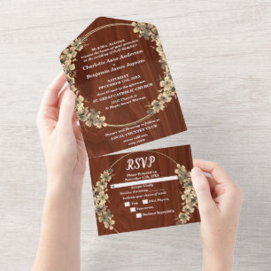 Rustic Gold Floral Wedding All In One Invitation