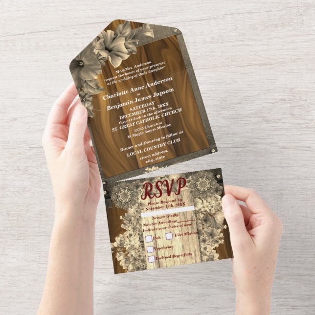 Rustic Gold Floral Wedding All In One Invitation (Tearaway)