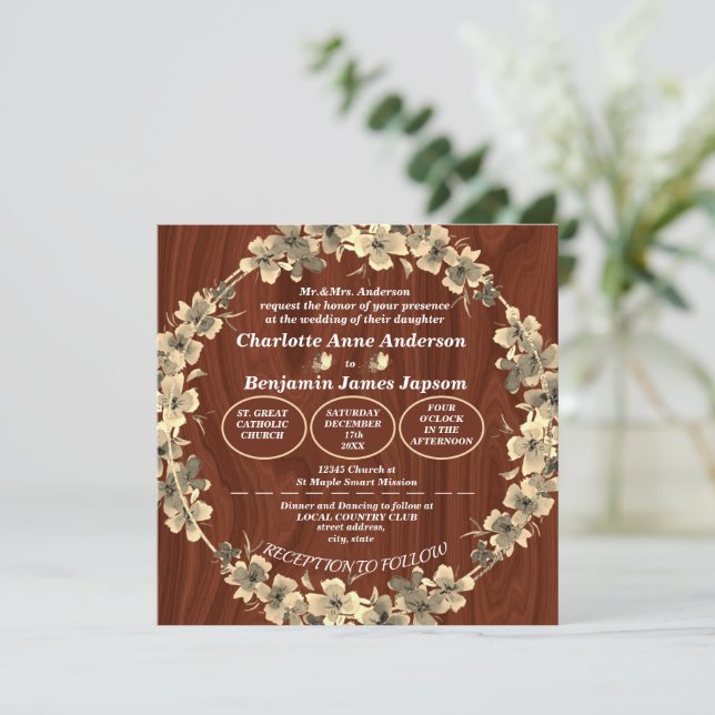 Rustic Gold Floral Wedding  Invitation (Standing Front)