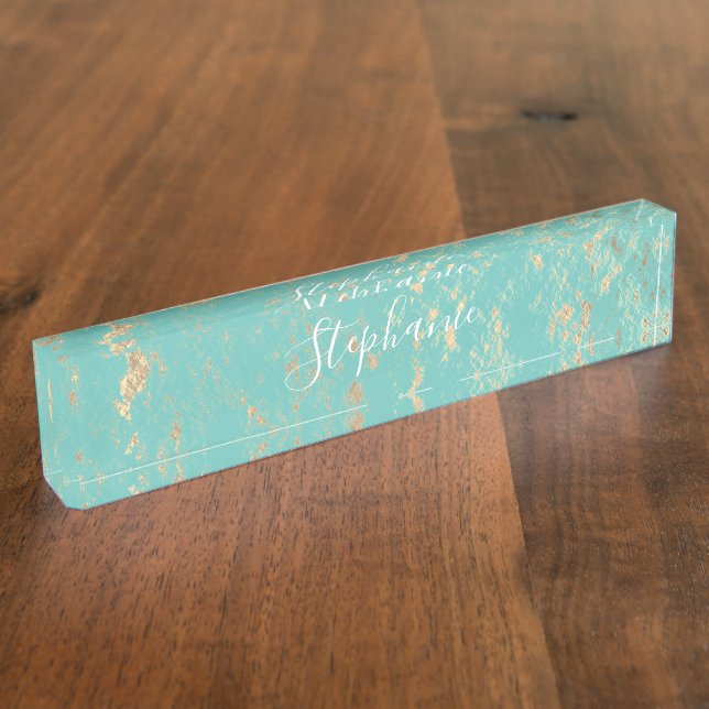 Rustic Gold Foil Patterns Monograms Turquoise Blue Nameplate (Side)