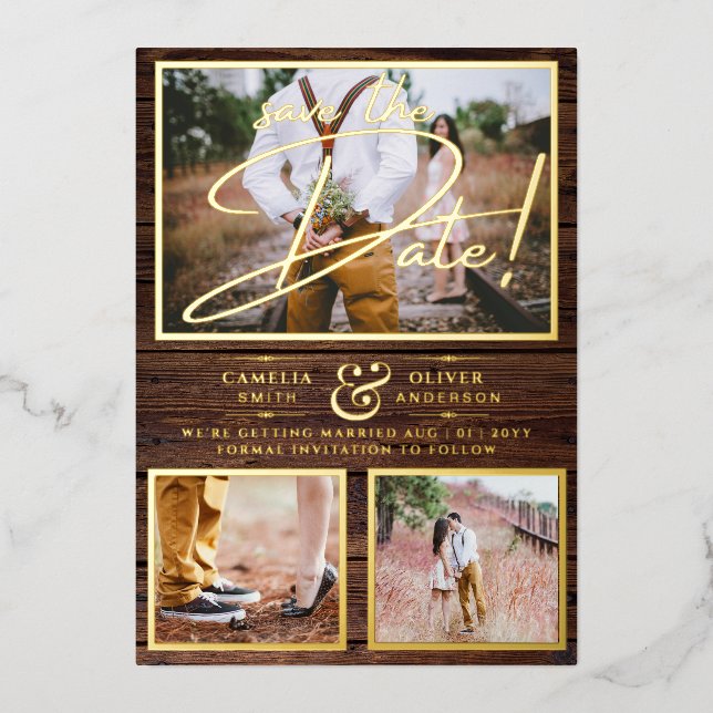 Rustic GOLD FOIL Photo Collage Wood Save the Date  (Front)