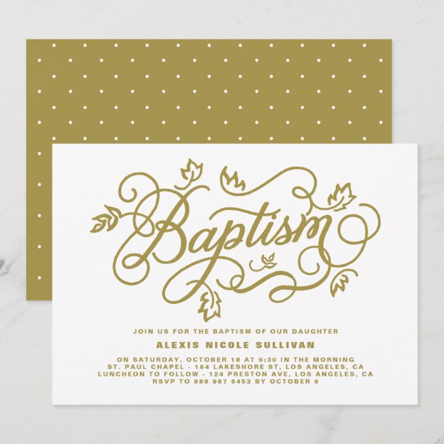 Rustic Gold Foliage Lettering Baptism Invitation (Front/Back)