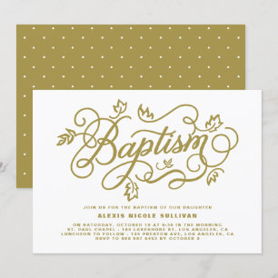 Rustic Gold Foliage Lettering Baptism Invitation