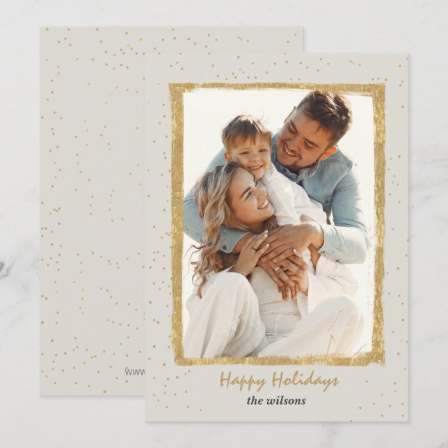 Rustic Gold Frame Confetti Photo Holiday Card (Front/Back)