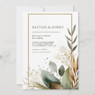 Rustic Gold Frame Greenery Watercolor Wedding Invitation