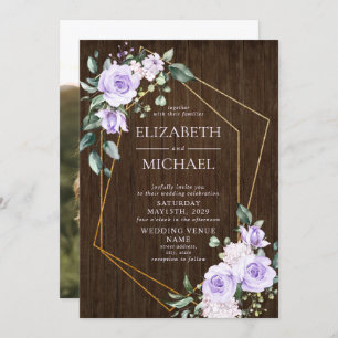 Rustic Gold Geometric Lilac Floral Wood Photo Invitation