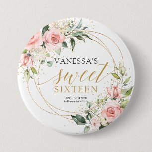 Rustic gold glitter blush roses green 16th b-day 3 inch round button