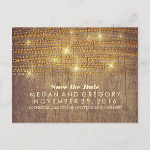 rustic gold glitter confetti lights save the date announcement postcard