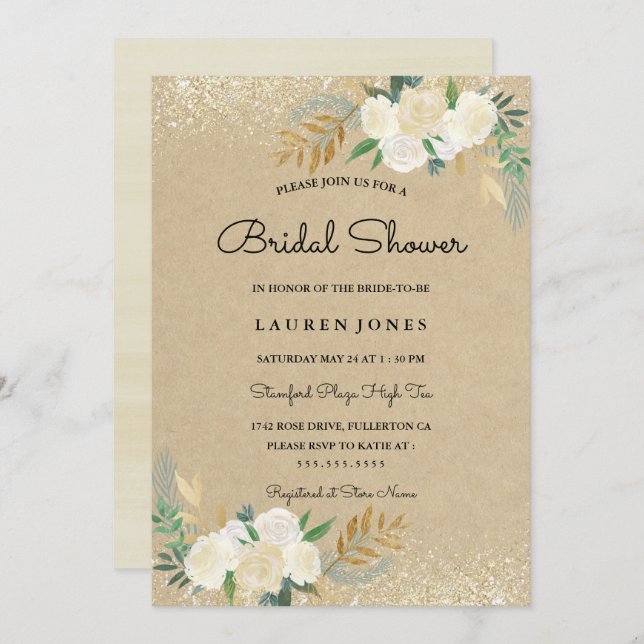 Rustic Gold Glitter Floral Bridal Shower Card (Front/Back)