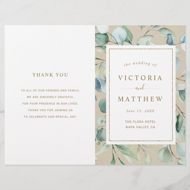 Rustic Gold Green Watercolor Programme de mariage (Devant)