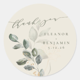 Rustic Gold Greenery Custom Wedding Thank You Classic Round Sticker