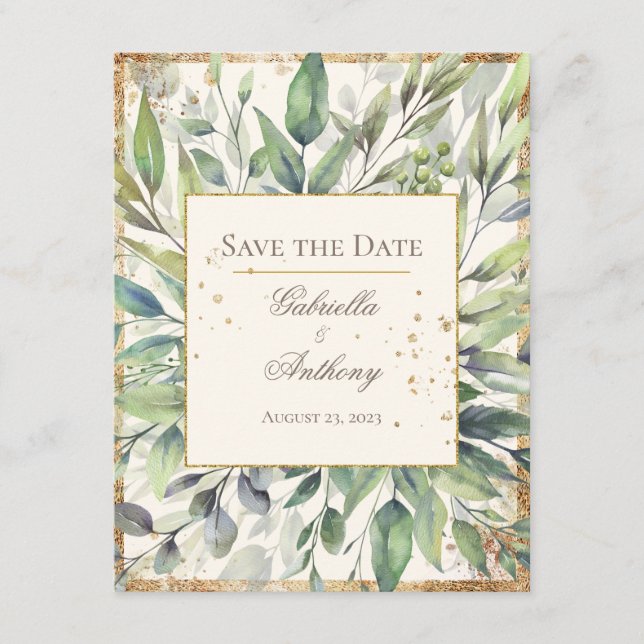 Rustic Gold Greenery Watercolor Save the Date (Front)