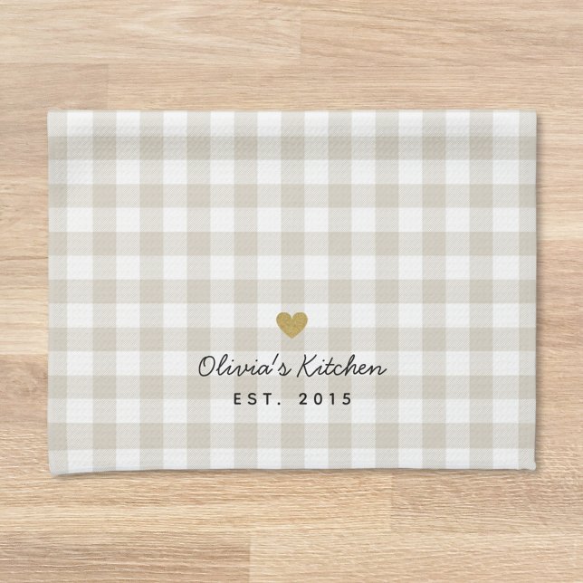 Rustic Gold Heart and Beige Buffalo Check Kitchen Towel (Creator Uploaded)