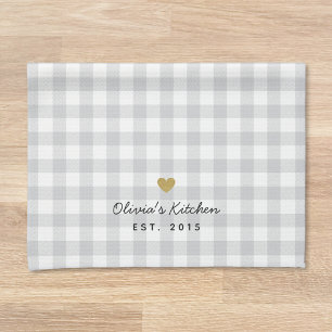 Rustic Gold Heart and Soft Grey Buffalo Check Kitchen Towel