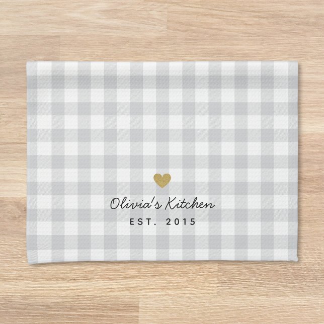 Rustic Gold Heart and Soft Grey Buffalo Check Kitchen Towel (Creator Uploaded)