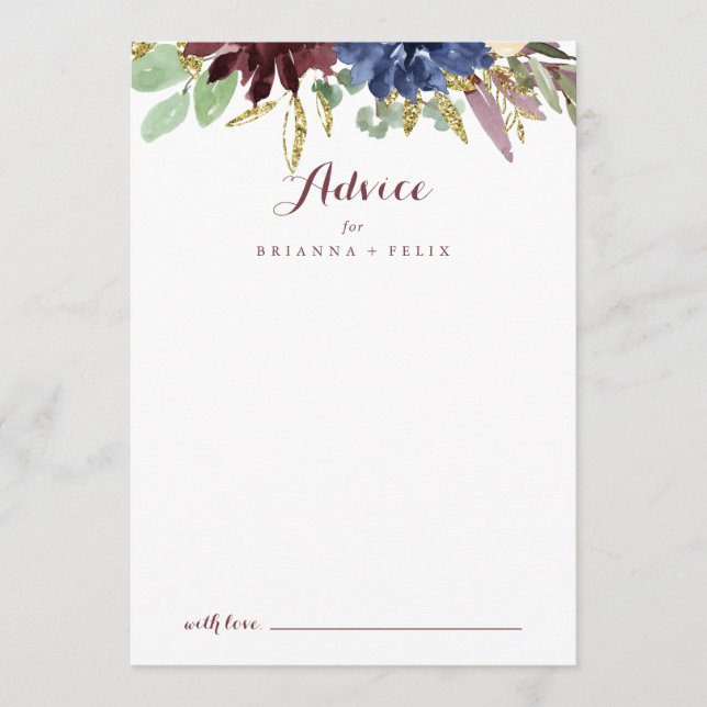 Rustic Gold Leaves and Floral Calligraphy Wedding Advice Card (Front)