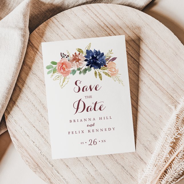 Rustic Gold Leaves and Floral Save the Date Postcard (Creator Uploaded)