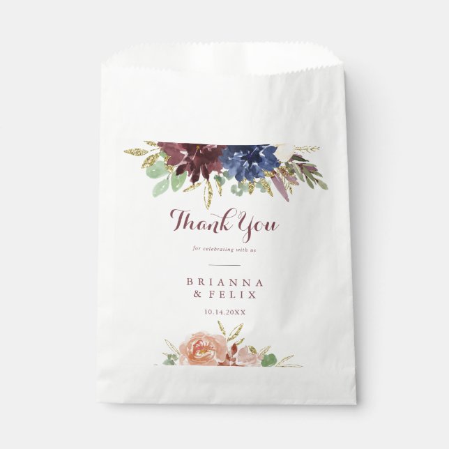 Rustic Gold Leaves and Floral Thank You Wedding Favour Bag (Front)