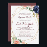 Rustic Gold Leaves Calligraphy Bat Mitzvah Invitation<br><div class="desc">This rustic gold leaves calligraphy bat mitzvah invitation is perfect for a modern bat mitzvah. The design features hand-drawn watercolor purple,  navy,  blush,  burgundy,  navy flowers,  green and gold leaves adorning an elegant geometric frame.</div>