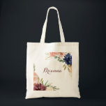Rustic Gold Leaves Calligraphy Bridesmaid Tote Bag<br><div class="desc">This rustic gold leaves calligraphy bridesmaid tote bag is the perfect wedding gift to present your bridesmaids and maid of honour for a modern wedding. The design features hand-drawn watercolor purple,  navy,  blush,  burgundy,  navy flowers,  green and gold leaves.</div>