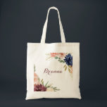 Rustic Gold Leaves Calligraphy Bridesmaid Tote Bag<br><div class="desc">This rustic gold leaves calligraphy bridesmaid tote bag is the perfect wedding gift to present your bridesmaids and maid of honour for a modern wedding. The design features hand-drawn watercolor purple,  navy,  blush,  burgundy,  navy flowers,  green and gold leaves.</div>