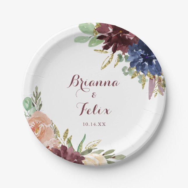 Rustic Gold Leaves Calligraphy Wedding Cake Paper Plate (Front)