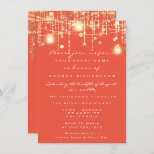 Rustic Gold Lights Jar Coral Roses Wedding Invitation