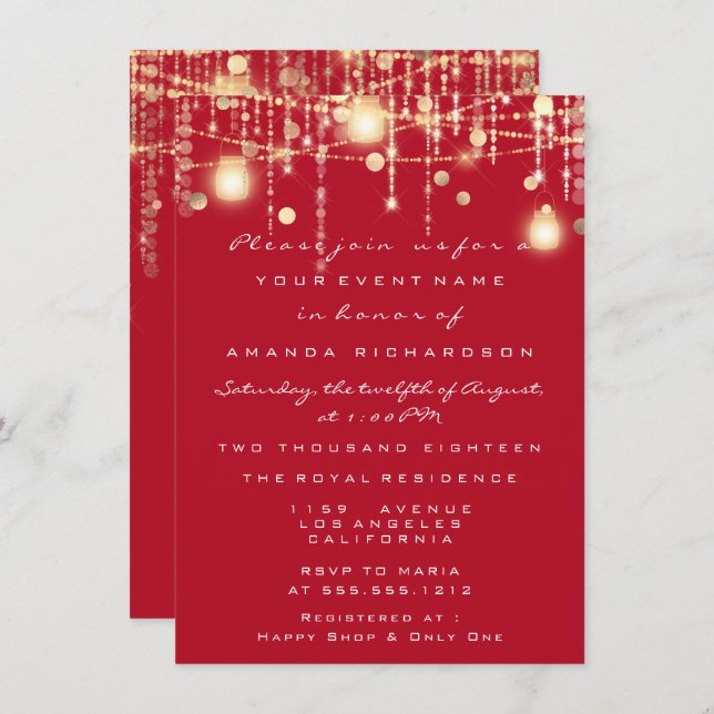 Rustic Gold Lights Jar Red Wine Bridal Wedding Invitation (Front/Back)
