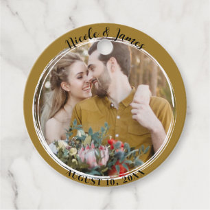 Rustic Gold Minimal Trendy Round Photo Wedding  Favour Tags