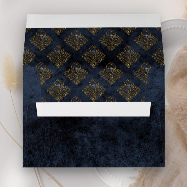Rustic Gold Navy Blue Damask Wedding Envelope (Creator Uploaded)