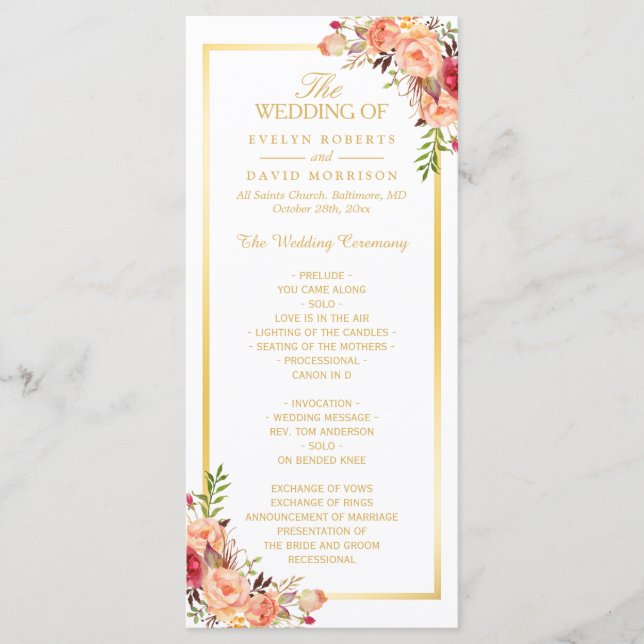 Rustic Gold Orange Floral Fall Wedding Program (Front)