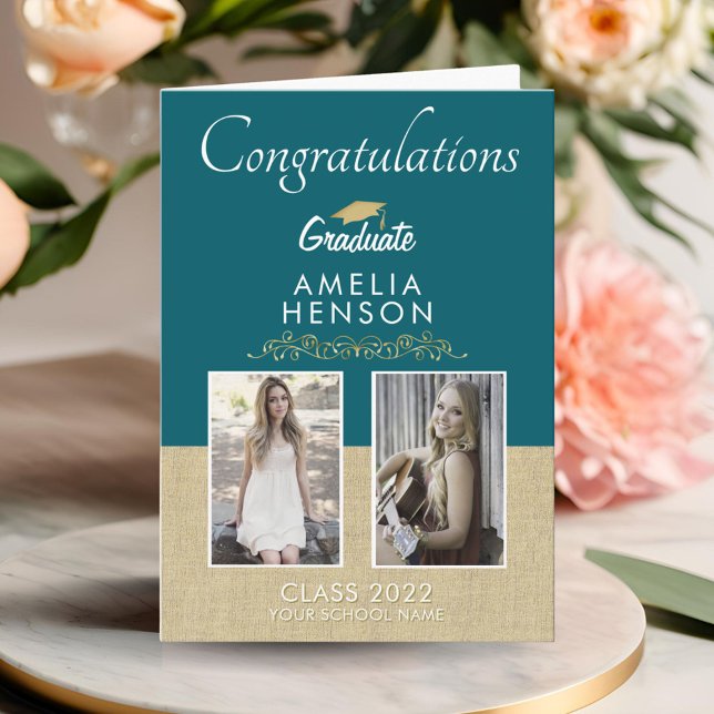 Rustic Gold Ornament Graduate 2 Photo Graduation Card (Creator Uploaded)