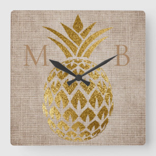 Rustic Gold Pineapple Burlap 2 Initial Monogram Square Wall Clock