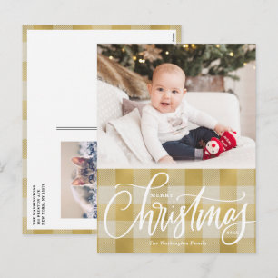 Rustic Gold Plaid Merry Christmas Photo Holiday Postcard
