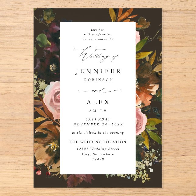 Rustic Gold, Purple, & Pink Floral 4 Brown Acrylic Invitations (Front)