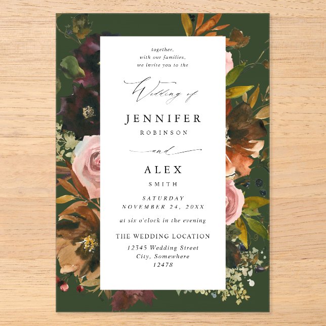 Rustic Gold, Purple, & Pink Floral 4 Green Acrylic Invitations (Front)