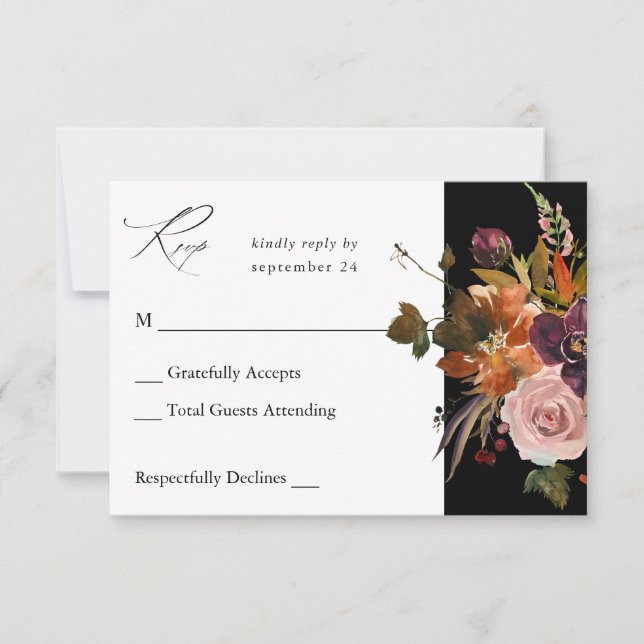 Rustic Gold, Purple & Pink Floral no Meal- Blac V2 RSVP Card (Front)