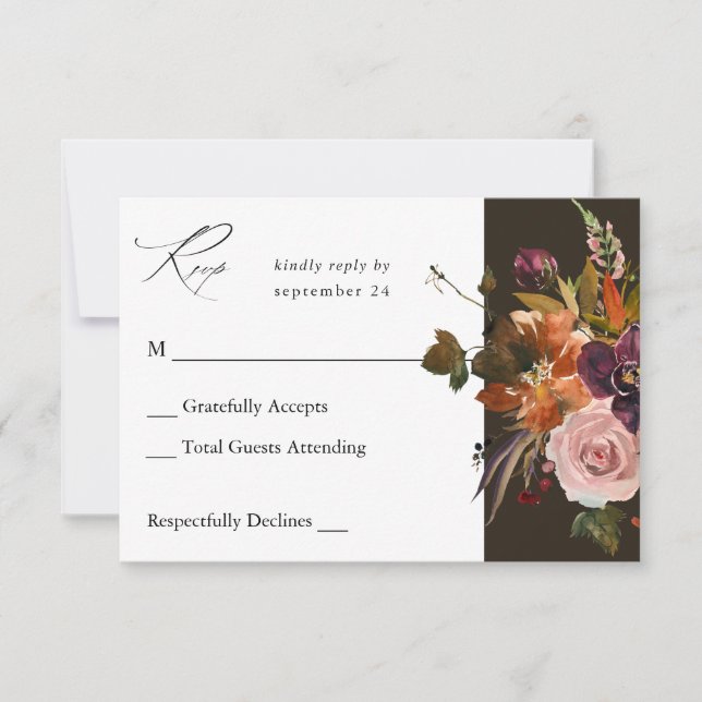 Rustic Gold, Purple & Pink Floral no Meal-Brown V2 RSVP Card (Front)