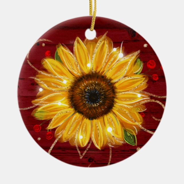 Rustic Gold Red Wood Name Sunflower Christmas Ceramic Ornament (Front)