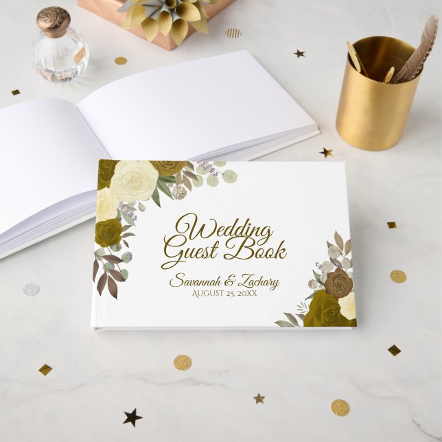 Rustic Gold Roses Elegant Floral Boho Chic Wedding Guest Book (Front Open)