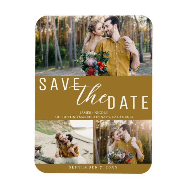 Rustic Gold Save the Date Wedding 3 Photos Magnet (Vertical)