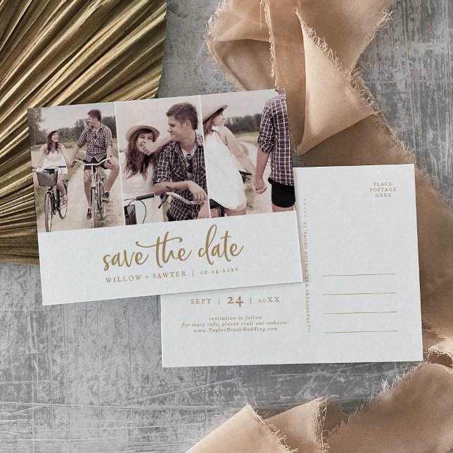 Rustic Gold Script 3 Photo Save the Date Invitation Postcard (Creator Uploaded)